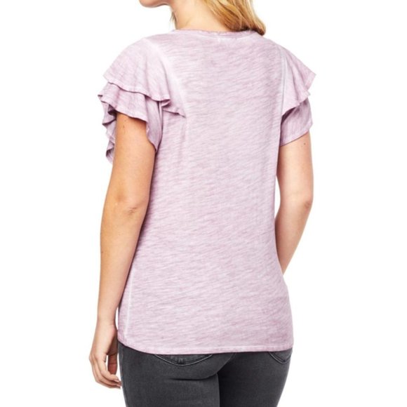 NWT Democracy Wit & Wisdom Mineral Wash Mauve Shadow Flutter Trim Top - Picture 2 of 7
